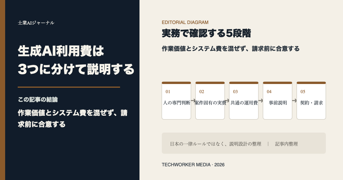 生成AI利用費を人の専門判断、直接実費、共通費の3層に分けて顧問先へ説明する図