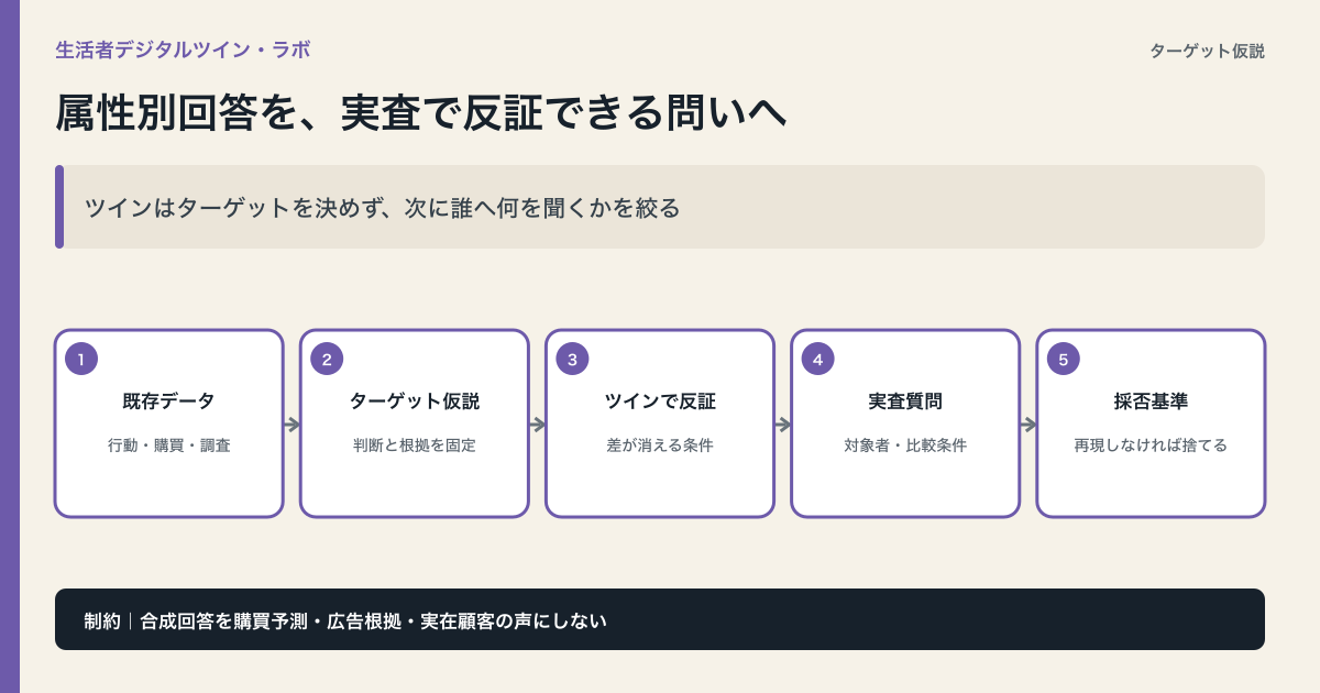 既存データからターゲット仮説を作り、生活者デジタルツインで反証を出して実査質問と採否基準へつなぐ流れ図